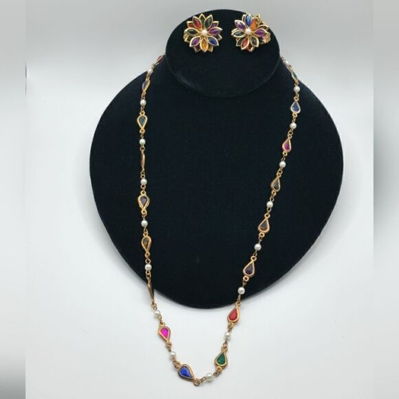 Vintage Gold Bezel set Gold crystal Demi Parure earrings necklace Set - Picture 3 of 15